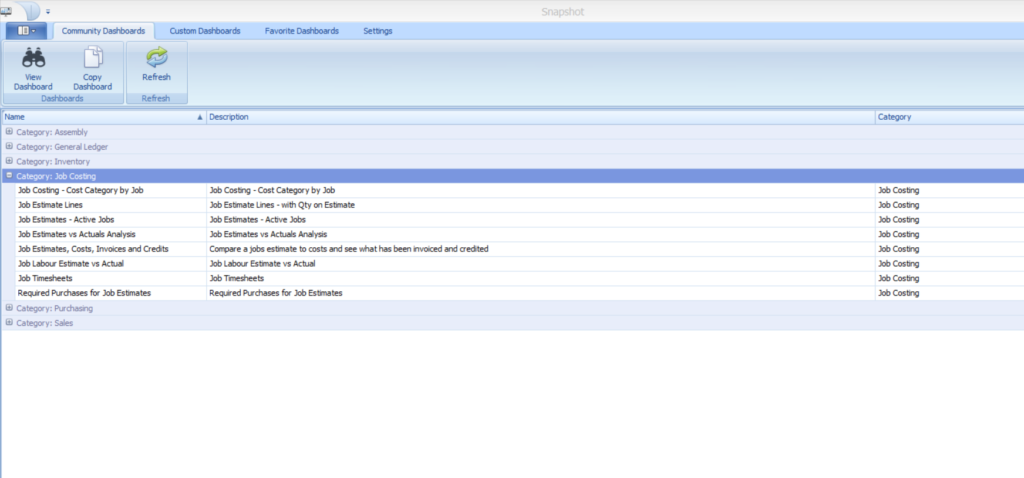 The Job Project Management Dashboards vary in terms of information. This screen shot shows the current number of Snapshot Dashboards available in Job Costing.